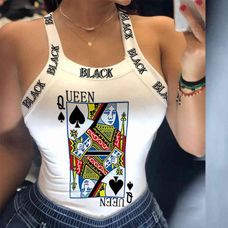 

Playing Cards Letter Print Strap Camisole Tank Top Women Summer Tops for Women Fashion Sexy Muscle Crop Tops 210521, White