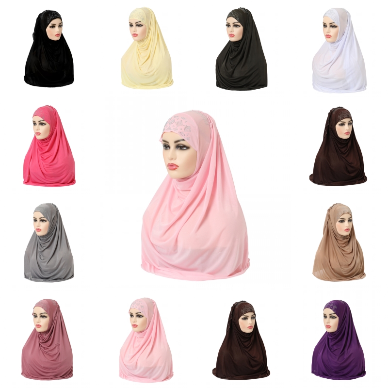 

Muslim Women Girls Hijab Islamic Hijab Scarf One Piece Fashion Solid Color Soft Headscarf Arabic Headwrap Rhinestone 1867 T2, Blue;gray