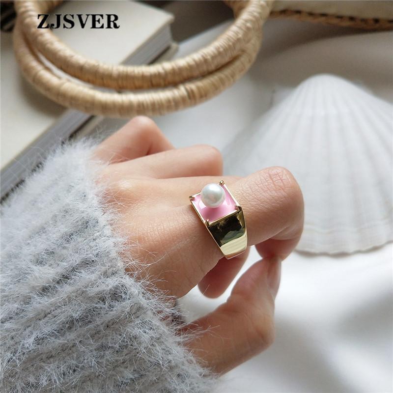 

Cluster Rings ZJSVER Korean Jewelry 925 Sterling Silver Golden Bohemian Style Wide Face Adjustable Women Pearl Ring For Party Gift, Golden;silver