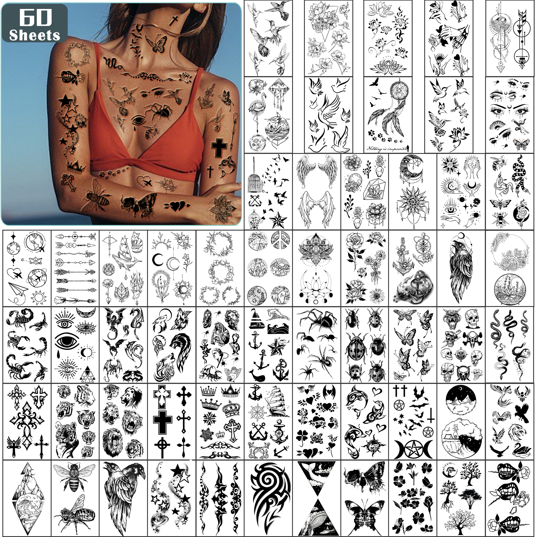 

Metershine 60 Sheets Tiny Waterproof Temporary Tattoo Stickers of Unique Imagery or Totem for Kids Women