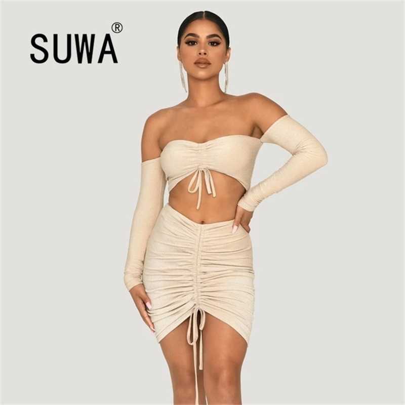

Front Lace-Up Stacked Sexy Club Outfits For Women Two Piece Sets With Skirts Long Sleeve Crop Tops Bodycon Mini Vintage Dress 210525, Blue