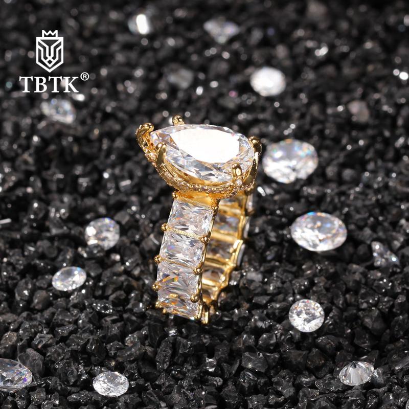 

Cluster Rings TBTK Ring Water Drop Big Gem Baguette CZ Full Gold Iced Out Luxury For Women Jewelry Wedding Engagement Gifts, Golden;silver