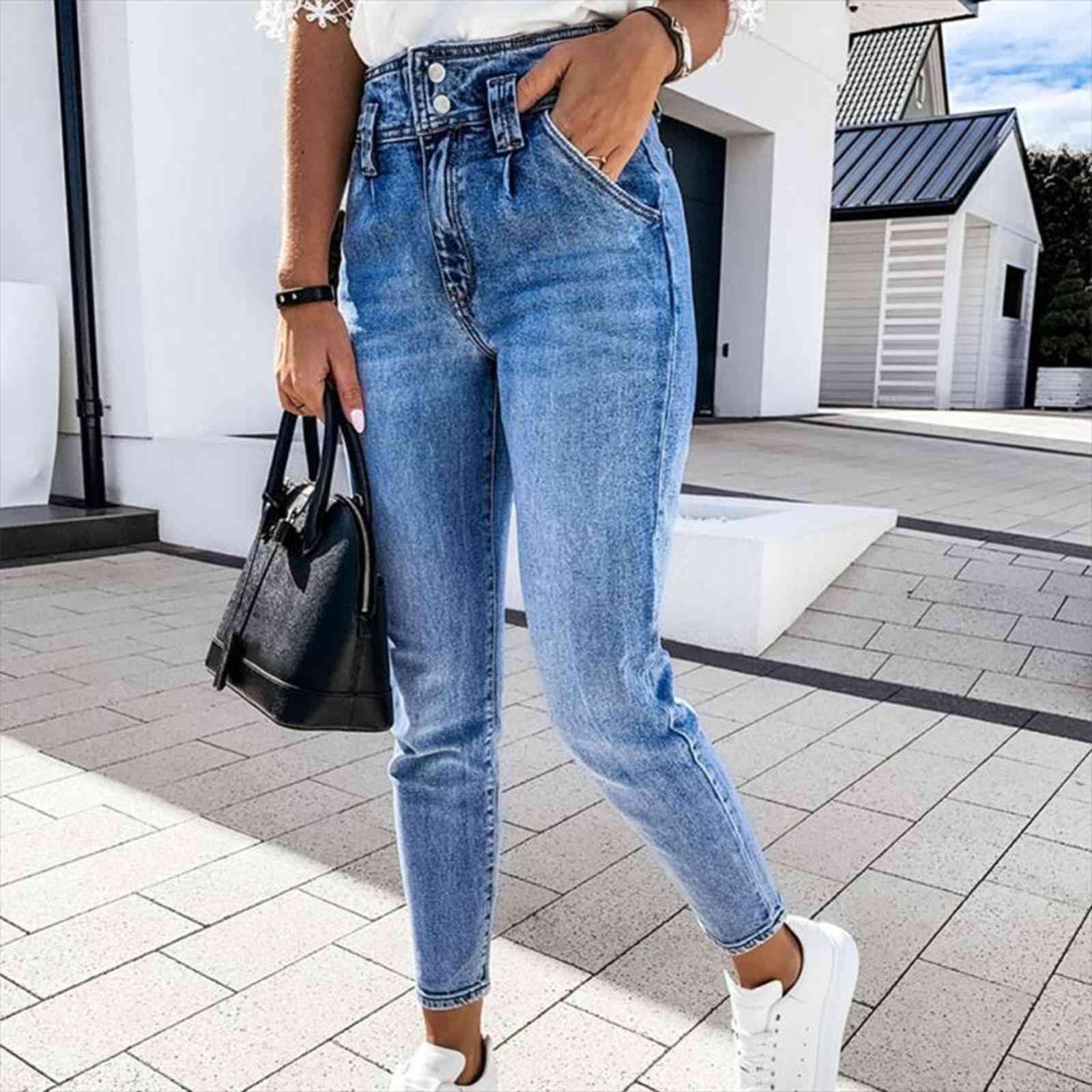 

blue high waist pencil slim women jean button pockets denim pants spring vintage streetwear trouser female bottom