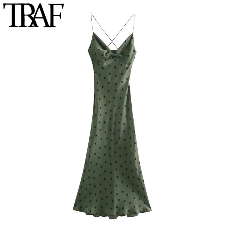 

TRAF Women Chic Fashion With Knot Polka Dot Midi Dress Vintage Backless Cross Thin Straps Female Dresses Vestidos Mujer 210320, Black;gray
