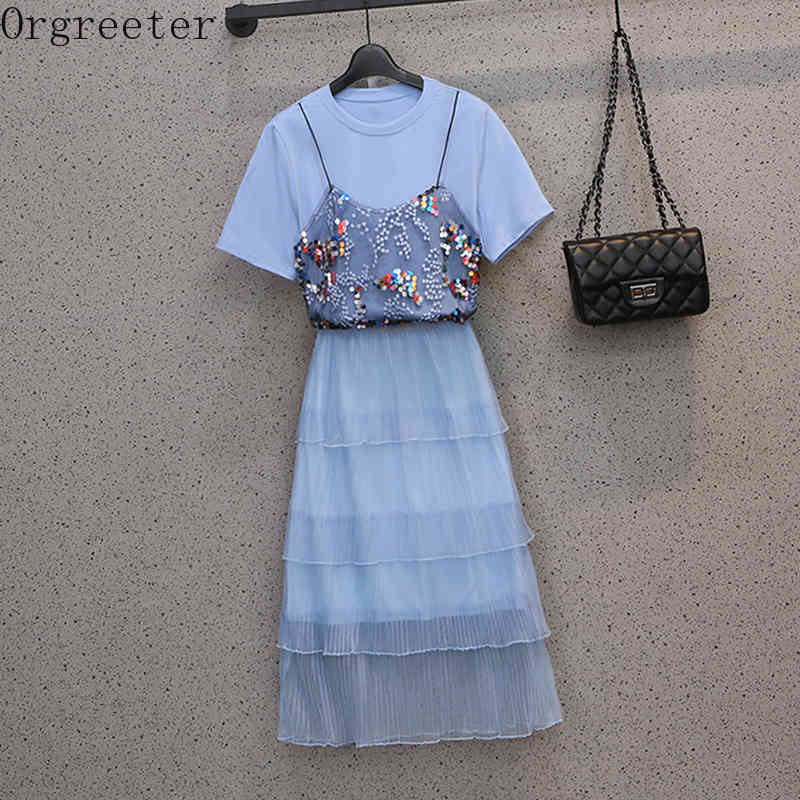 

Plus Size Women's Outfits Summer Fashion Sequined Patchwork Mesh T-shirt & Layered ruffled Cake Skirt 2 Piece Sets Female 210525, Only tshirt