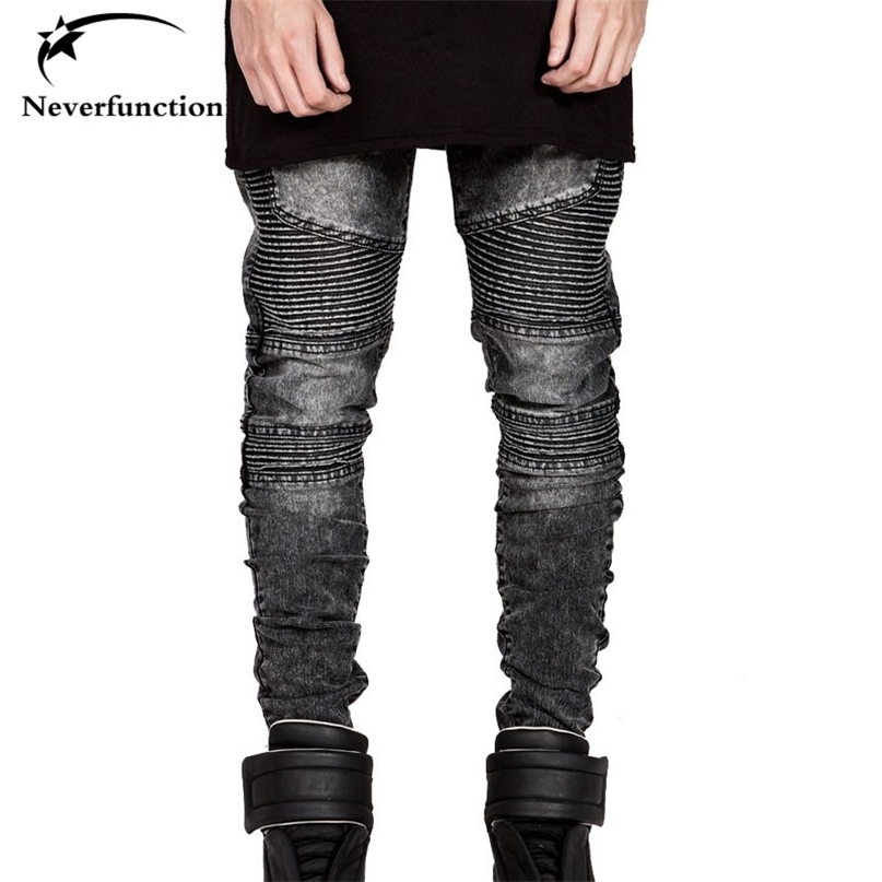 

Mens Skinny Biker Jeans Men Hi-Street Ripped Rider Denim Motorcycle Runway Slim Fit Washed Moto Pants Joggers 211108, Black