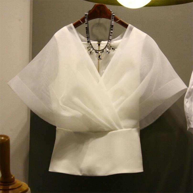 

Spring Summer Organza Shirt Women Fashion Pure-color V-neckline Gauze Top Lady Korean-style Short sleeve Blouse Tops 210719, White