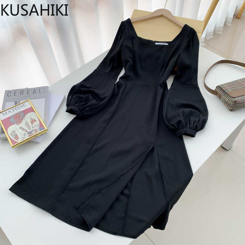 

KUSAHIKI Dresses Spring Women Vintage Square Collar Dress Puff Sleeve Square Collar High Waist A-line Split Vestidos 6F253 210602, Black