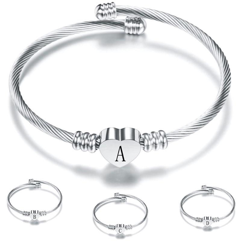 

Bangle Stainless Steel Heart Bracelet With Letters Fashion Initial Letter Charm Women, Black