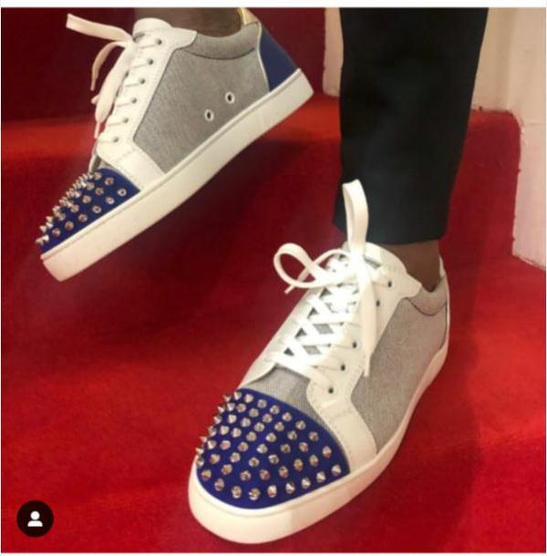 

LOUBOUTIN CHRISTIAN Brand Spiked flats Summer Sneakers Junior Spikes Orlato Shoes Red Bottom Navy Blue Velvets Leather With Sliver Spike Xqh