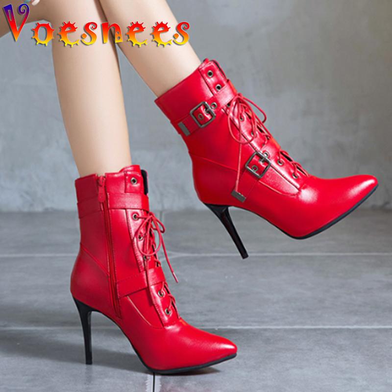 

Voesnees Women's Short Boots 2021 Autumn And Winter Pointed Belt Buckle Sexy Female Side Zipper Thin Heels Shoes, Black