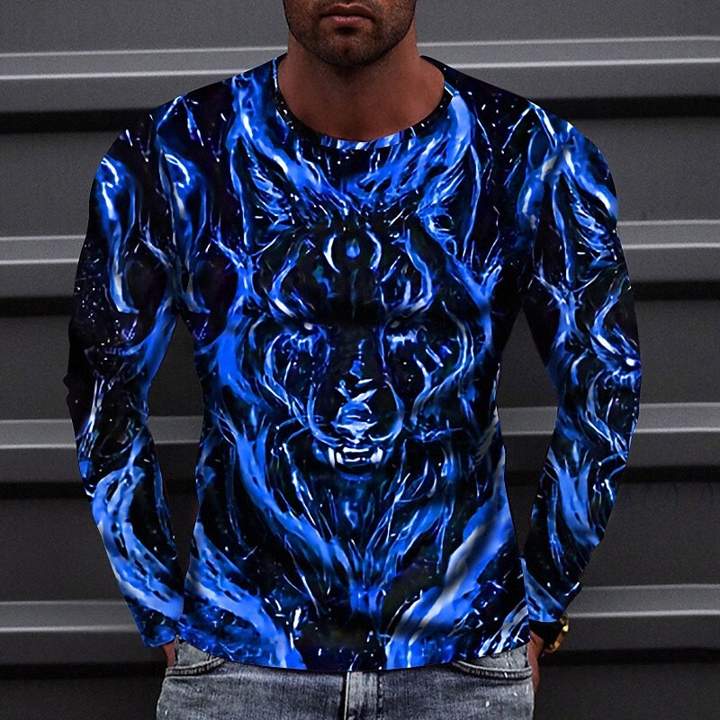T-shirt Hommes 3D Print Wolf animal Crêle Équipe Couille Décontracté imprimé à manches longues Tops Sportswear Casual Fashion Moyen Vert Bleu Pou