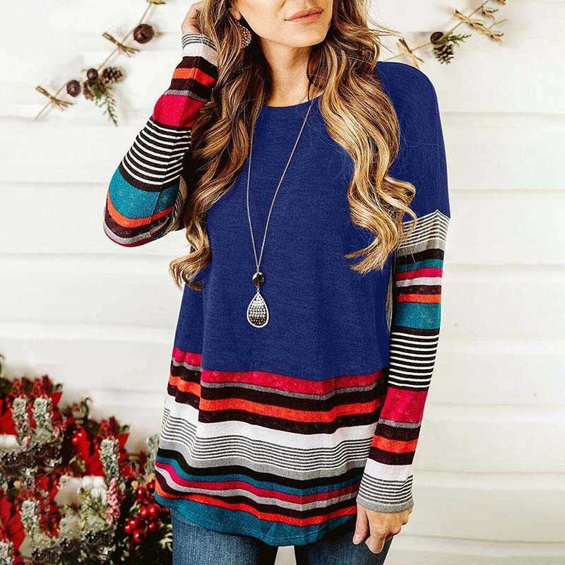 

Stripe T-shirt Women Clothes Summer Fashion O Neck Long Sleeve Plus Size Tshirt Ladies Casual Loose Tee Shirt Femme Ropa Mujer 210608, Red