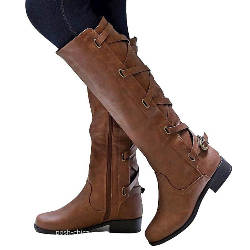 

Women Knee Boots Thick Heels Zipper Lace Up Women's Buckle Shoes Woman Fashion Boot Punk Female Plus Size Drop, Black