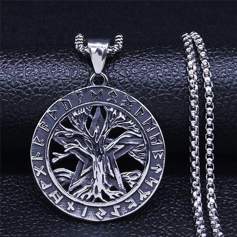 

Pendant Necklaces Divination Letters Viking Tree Of Life Stainless Steel Necklace Silver Color Statement Men Jewelry Bisuteria NXS05