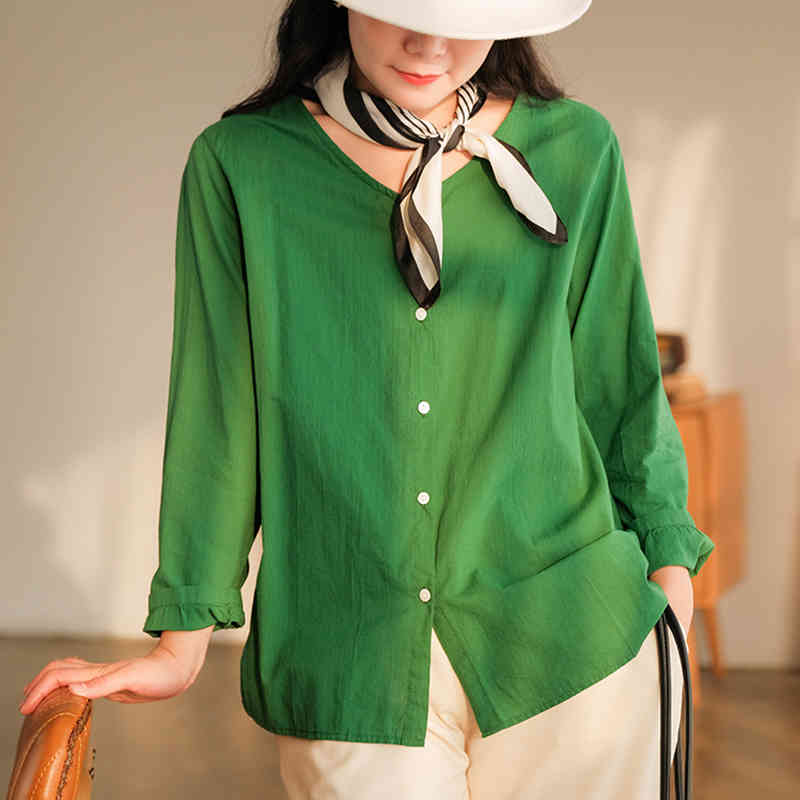 

Johnature Women Cotton Solid Color Shirts Vintage Long Sleeve Spring Blouses V-neck All-match Female 6 colors Tops 210521, Caramel colour