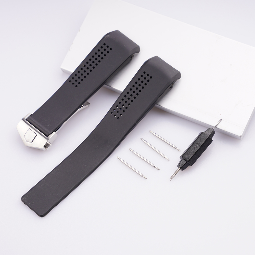 20mm New strap black silicone rubber watch band silver deployment clasp for Ta g watch Bundled installation tools-image-689114425