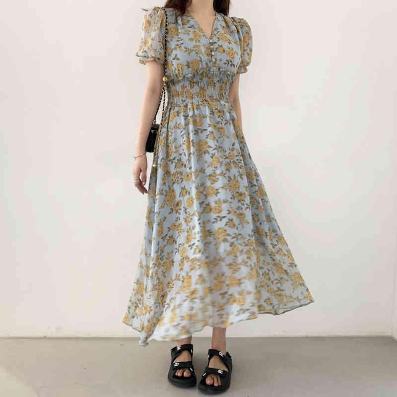 Casual Dresses V-Neck Elastic Waist Flared Sleeve Chiffon 2021 Summer New Korean Women&#039;S Vintage Printed Long OQIZ-image-699995116