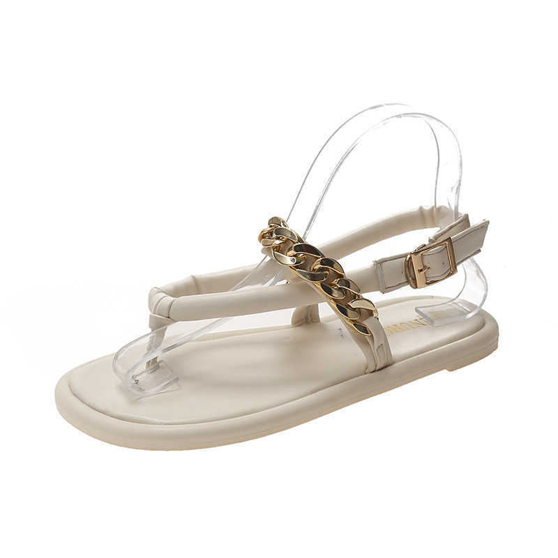 

Fashion Herringbone Sandals Women Gold Chain Flat Roman Shoes Summer Flip Flops Buckle Beach Shoes 210611, Khaki