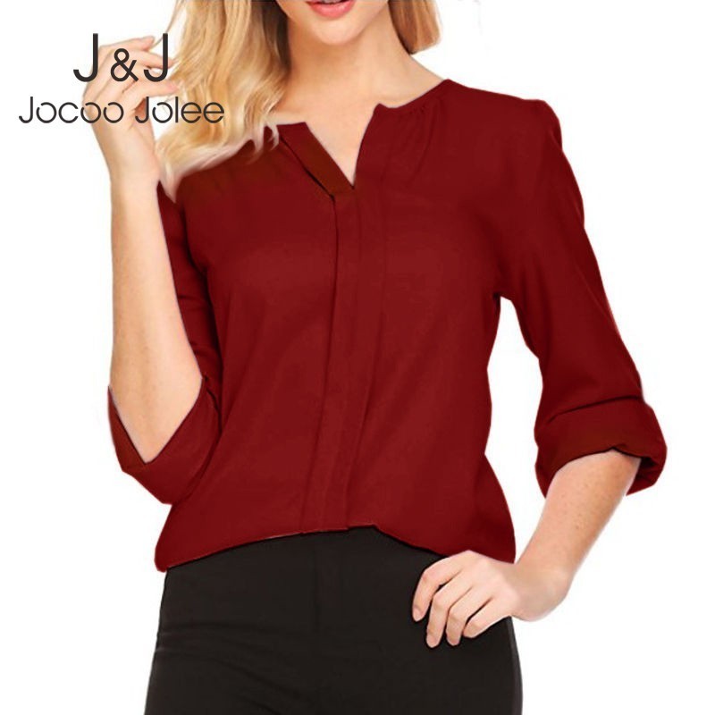 

Jocoo Jolee Solid Harajuku Long Sleeve V Neck Blouse Womens Tops and Blouses Female Plus Size Shirt Korean Fashion Clothing 210518, Navy blue
