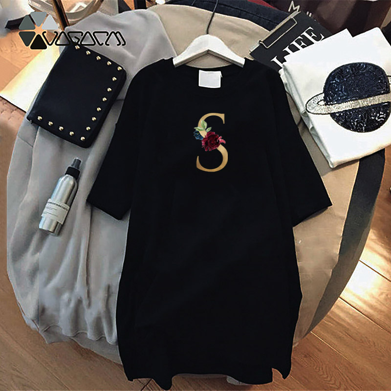 

PROPCM Plus Size Women Mini Dress Alphabet Flower Loose Casual Fashion -4Xl T Shirt Dresses Short Sleeve Harajuku Summer Clothes Black White Solid Color wear, D001 black