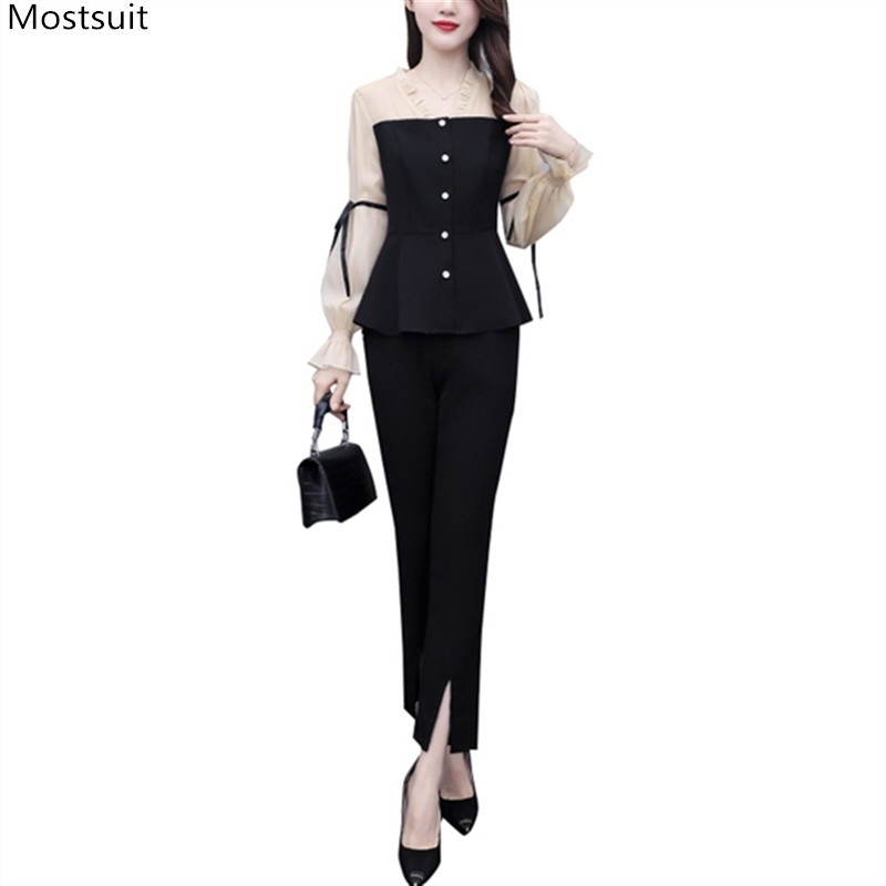 

Autumn Elegant Fashion Two Piece Set Women Plus Size Long Sleeve Tunic Buttons Tops And Elastic Waist Split Pants Korean Suits 210518, Beige