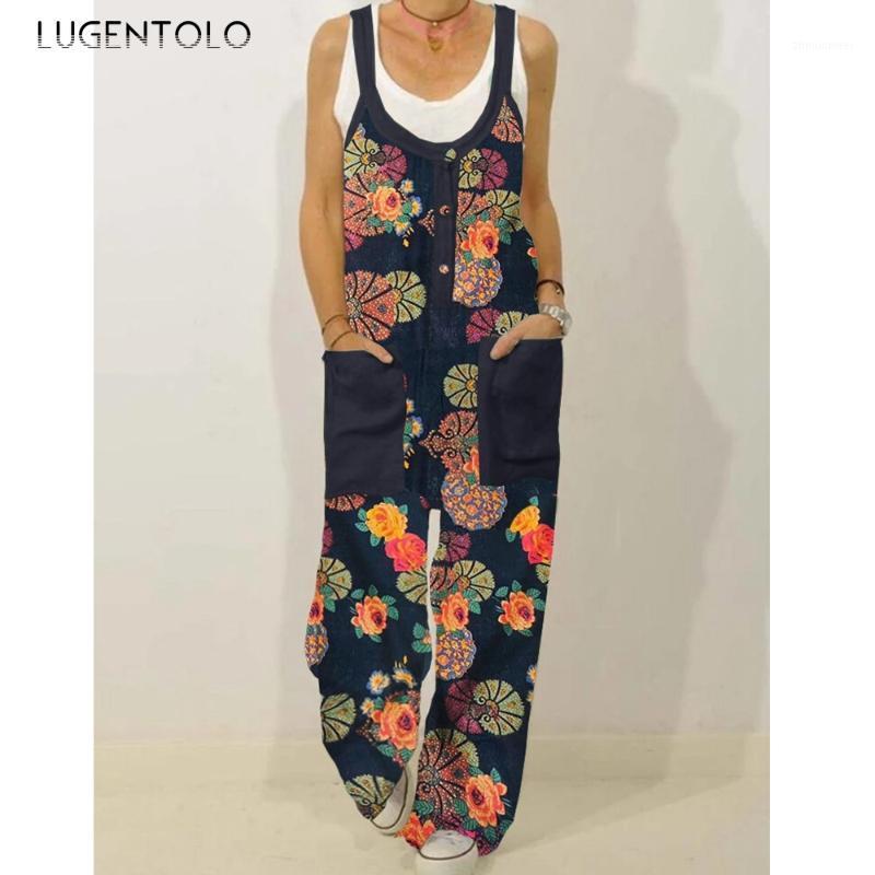 

Women' Jumpsuits & Rompers Lugentolo Cotton Linen Women Plus Size Summer Fashion Print Straight Loose Casual Long Jumpsuit, Yellow