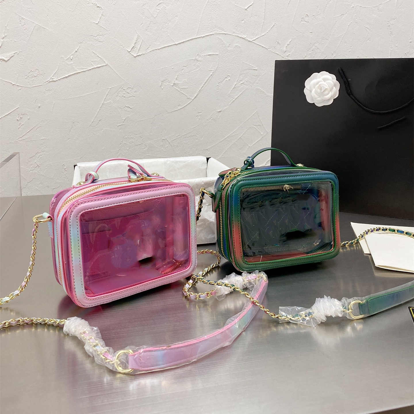 

European style high quality leather Shoulder Bag handbag transparent candy color large capacity Fashion daily totes storage bags 18cm with gift box