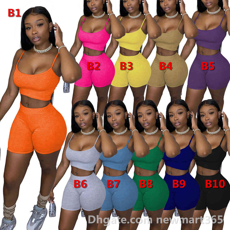 

Designer Summer Women Tracksuits 2 Piece Set Shorts Outfits Solid Color Casual Womens Clothing Sexy Suspenders Tops Suit Plus Size, Green