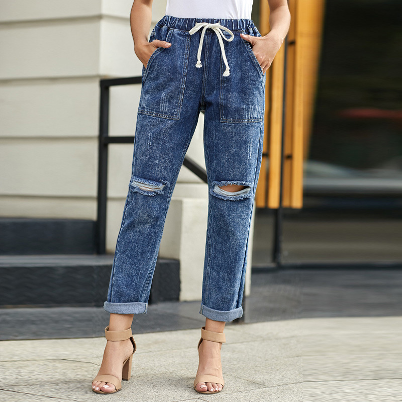 

jeans 2021 summer casual street straight pants women's wear broken bandage hole, Blue