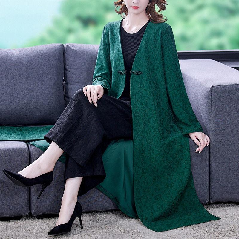 

Women's Trench Coats Big Size Ethnic Style Jacquard Jacket Women Spring & Autumn Mid-Length Retro Fashion Mother Windbreaker Cardigan Cape C, Green