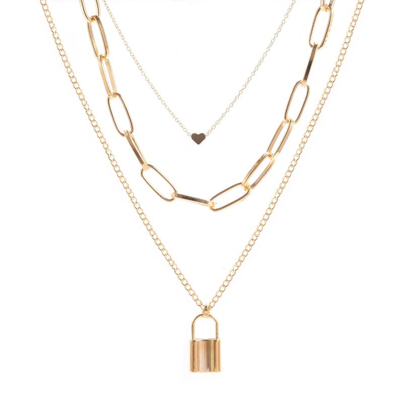 

Pendant Necklaces Retro Gold Color Metal Chain Lock Necklace Charm Love Heart Exquisite Multilayer For Women Neck Jewelry, Silver