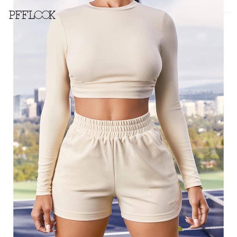

Women' Tracksuits PFFLOOK Solid Sexy Two Piece Set Women Backless Outfits O Neck Tracksuit Slim Long Sleeves Crop Top Shorts Casual 2 Set1, Nude