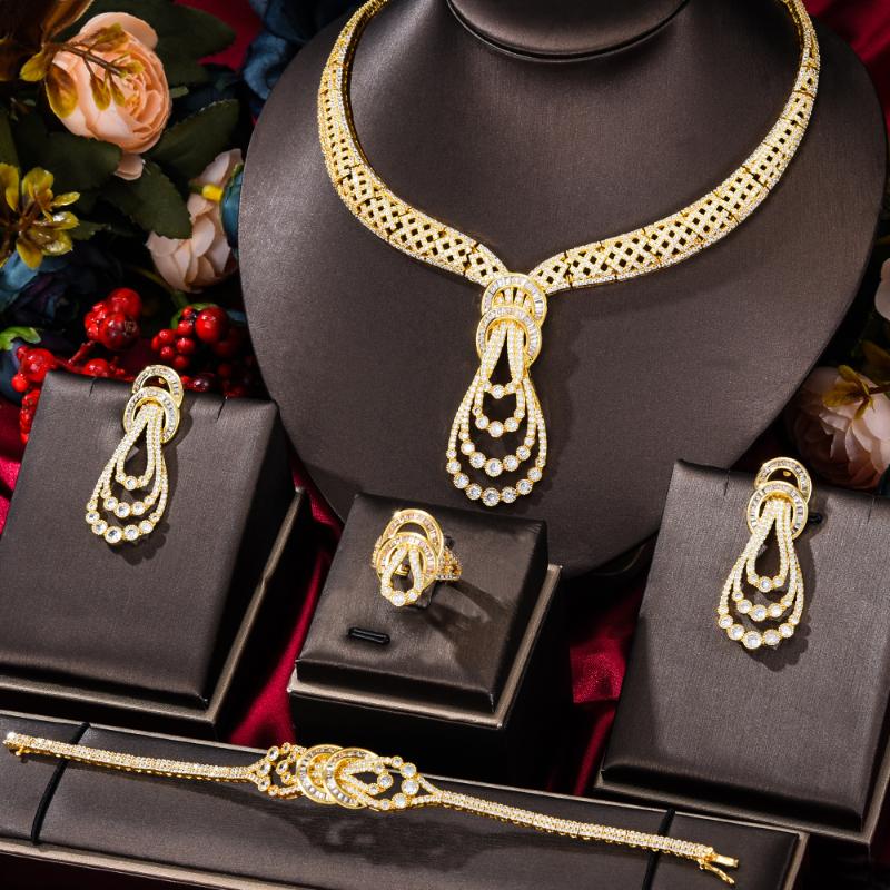 

Earrings & Necklace KellyBola Fashion High Quality Zircon Gold Bracelet Ring Set Noble Bride Wedding Banquet Exquisite Accessories, As pic