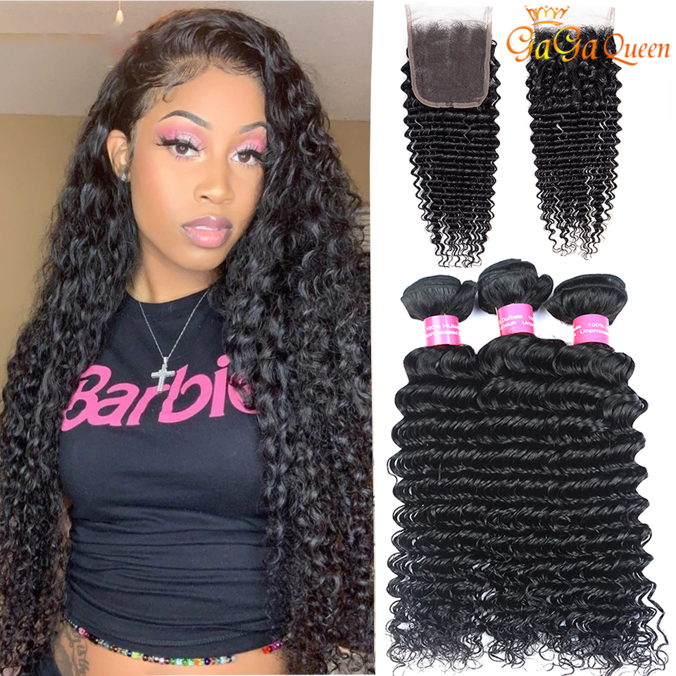 

Brazilian Deep Wave With Closure Hair Bundles With 4x4 Lace Closure 3 pcs Brazilian Virgin Hair With Closure Unprocessed Human Hair Weaves, Free part