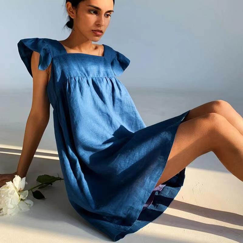 

20212021 women summer dress square neck solid color 80% cotton women cute dress elegant women clothes vestidos, Black;gray