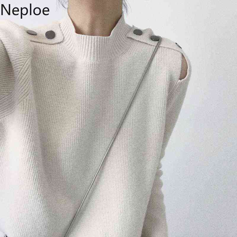 

Neploe Autumn Winter New O Neck Pullover Sweater Women Solid Long Sleeve Shoulder Button Pull Femme 2021 Knit Cross Top 46827 Y1110, Ginger yellow