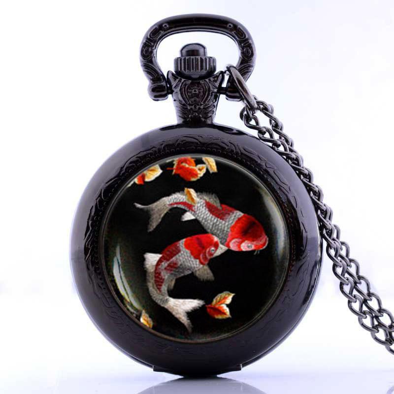 

Chains Vintage Classic Japanese Koi Fish Pocket & Fob Watch Necklace Asian Art Friend Gift Jewelry Bijoux Femme N069, Silver