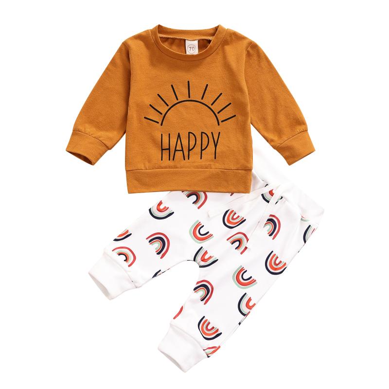 

Clothing Sets Born Baby Girls Boys Clothes Sun & Letter Print Long Sleeve Round Neck Sweatshirt Rainbow Bow Trousers Outfits, Yellow
