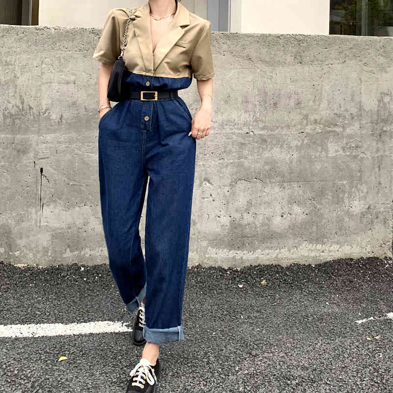 

Fashion Design Notched Collar Stitching Denim Jumpsuit Women Summer Short Sleeve High waist With Belt Rompers Overalls 210525, Khaki