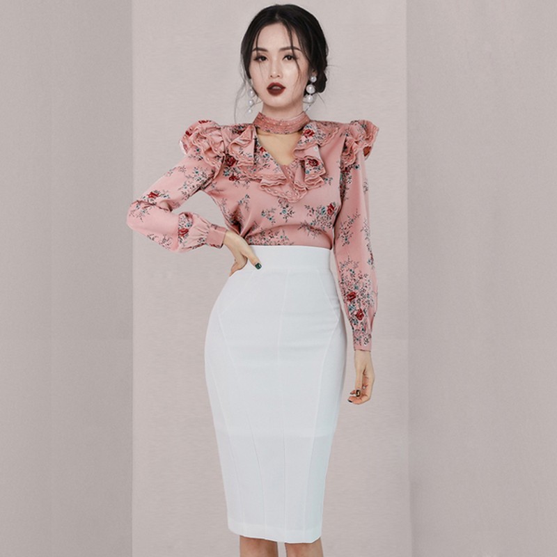 

Women Spring Sexy OL Work Wear 2 Pieces Set Ruffles Flowers Long Sleeve Blouses & High Waist White Bodycon Pencil Skirt Sui 210518, Photo color