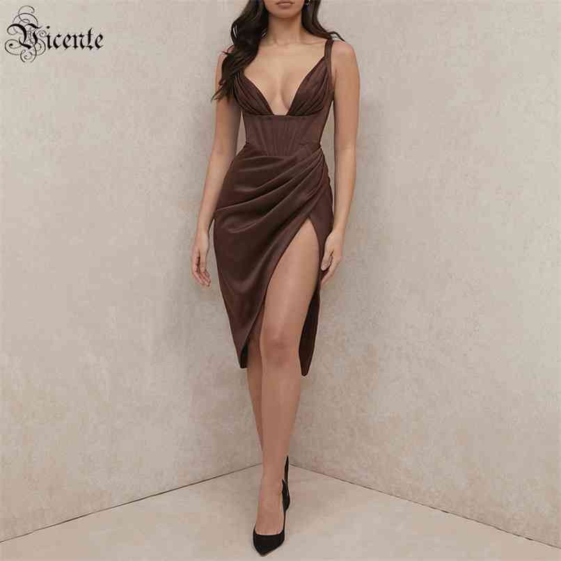 

Women's Dresses Celebrity Party Cocktail Sexy Brown V-neck Draped Design Strap Satin 210520