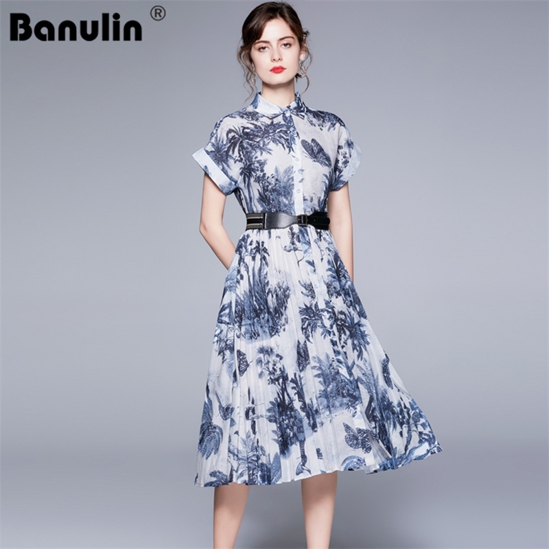 

Banulin Summer Runway Designer Shirt Dresses Women's Short Sleeve Jungle Ink Print Retro Midi Dress with Belt N78689 210603, Mixed color
