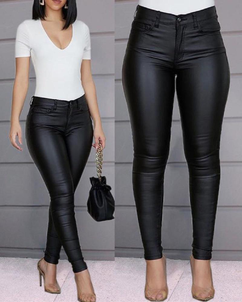 

Women's Pants & Capris Ladies PU Leather Leggings Slim Trousers With Pockets High Waist Zipper Elegant Black Matte Casual Sexy Feet Women, Black;white