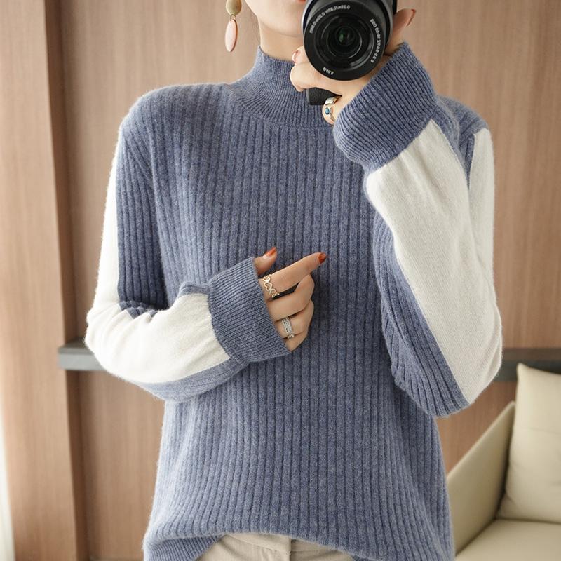 

Women' Sweaters Pure Wool Base Sweater 2021 Autumn Winter Half High Neck Color Matching Long-Sleeved Fashion Loose Knitted Pullover, Light blue