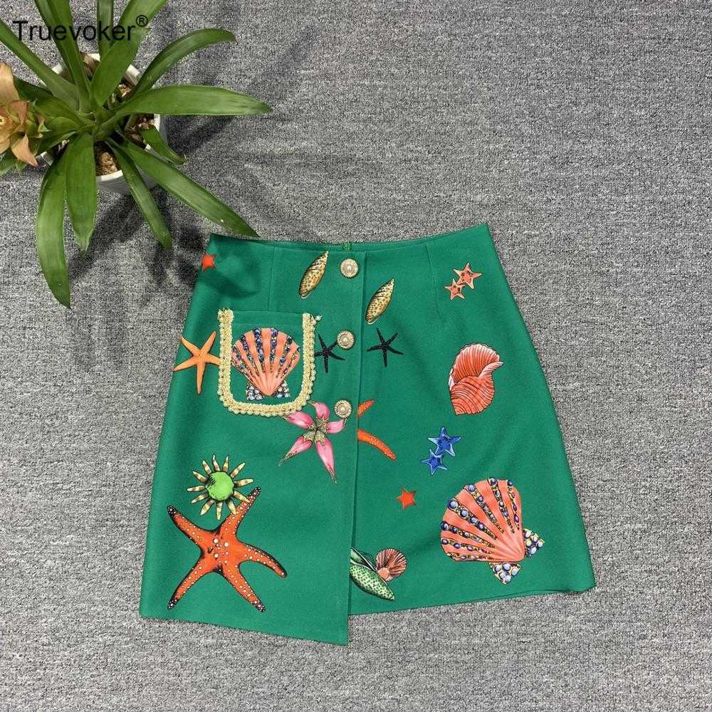 

Truevoker European Spring Summer Runway Fashion Skirt Women's High End Green Shell Print Pocket Beaded Pencil 210602