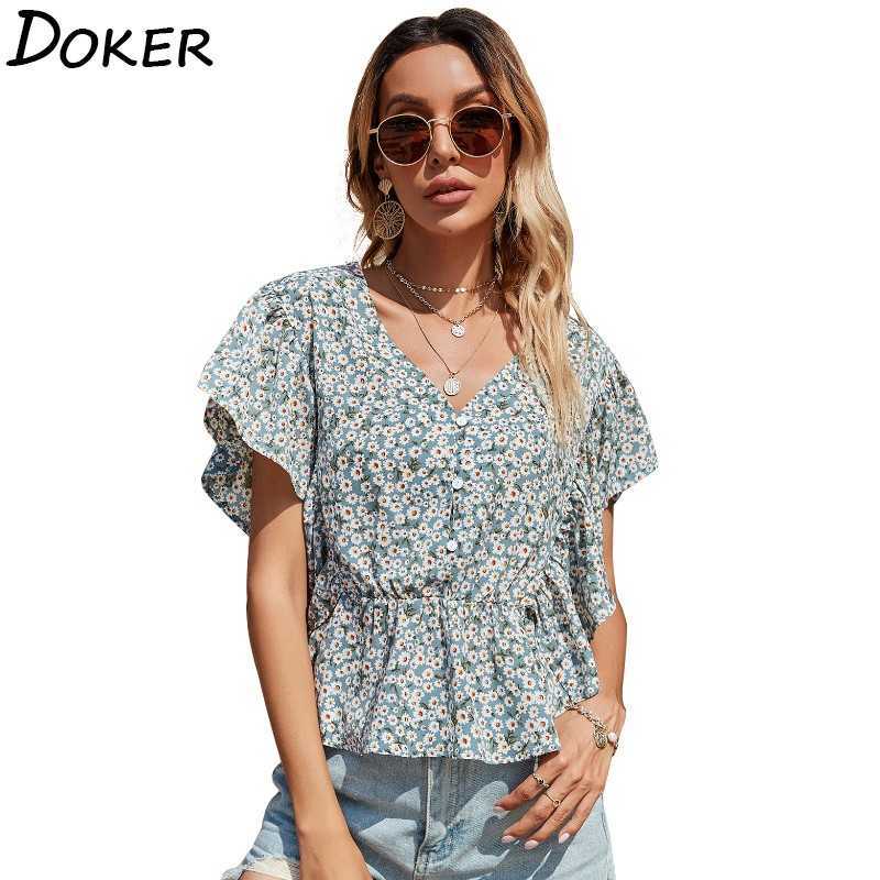 

Summer Floral Print Blouse Fashion Ruffle V Neck Short Sleeve Loose Girls Shirts Tops Plus Size Casual Chiffon Blouse 210604, Blue