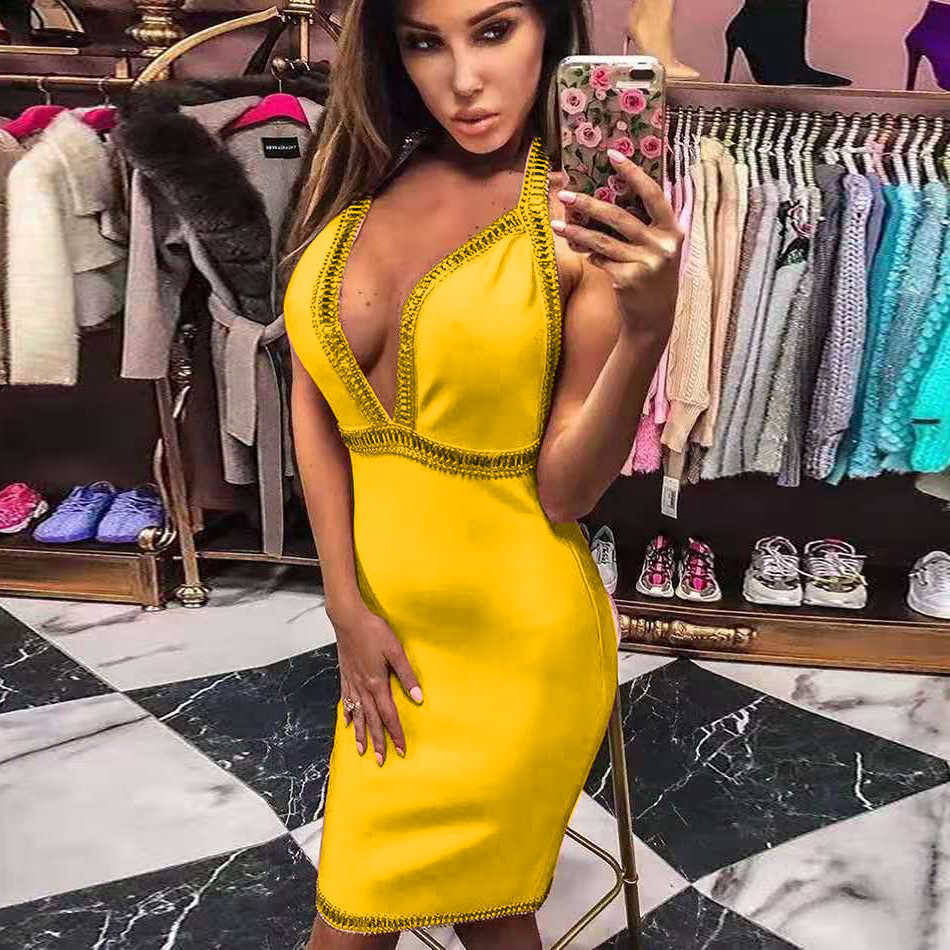 

Ladies Bandage Dress Fashion Deep V Sexy Bodycon Backless Beaded Strap Club Party Mini 210527, Black