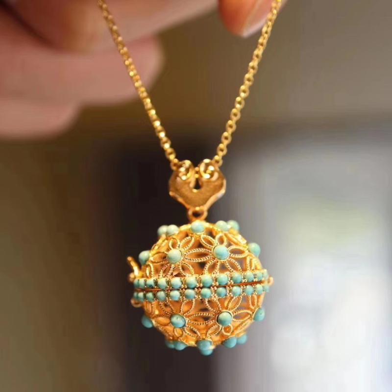 

Pendant Necklaces 925 Sterling Silver Gold-plated Natural Turquoise Pearl Hollow Ball Necklace Clavicle Chain Women's Boutique Jewelry
