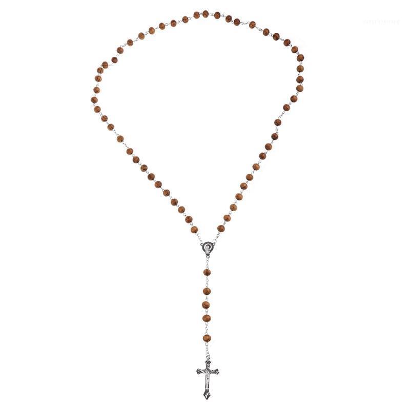 

Chains Retro Wooden Rosary Beads Necklace For Women Cross Jesus Pendant Religious Gifts